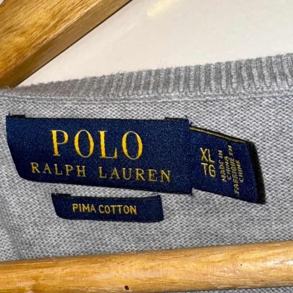 Polo Ralph Lauren Mens Sweater Size XL Gray V-Neck Pima Cotton